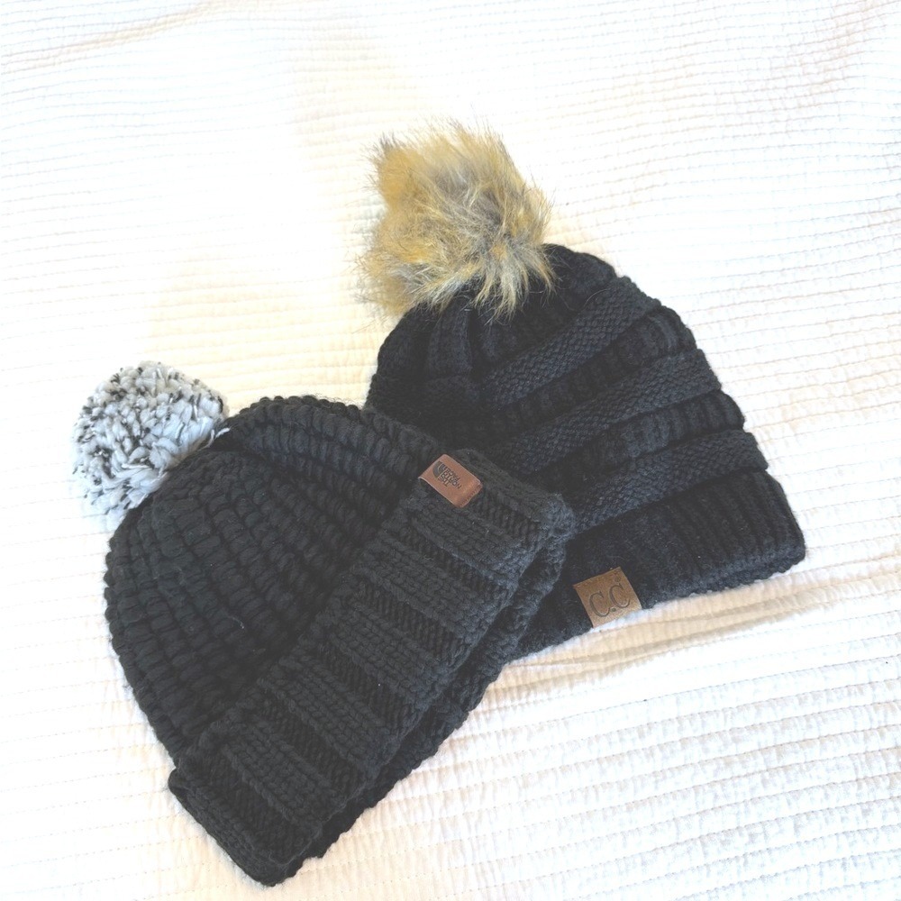 The North Face & C.C Black‎ Knit Beanie Bundle Pom Pom Winter Hats Womens
